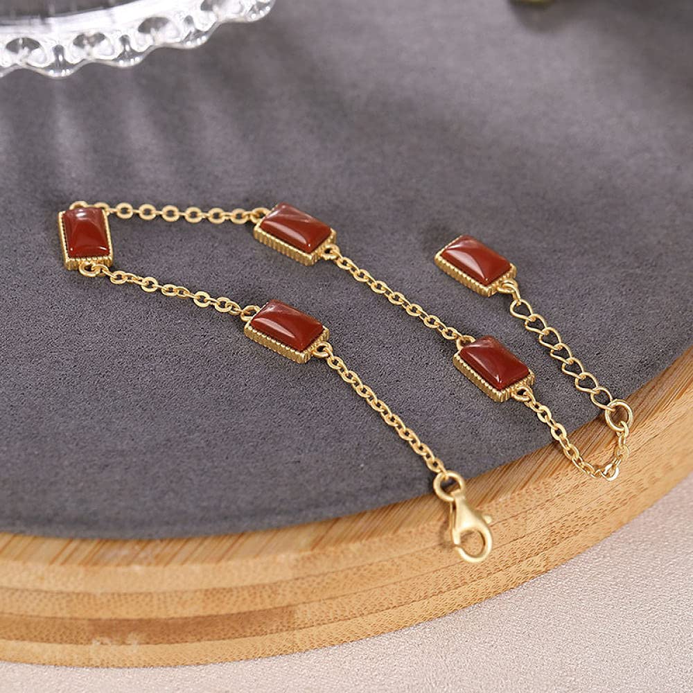 Girls Accessories Bracciale in Argento Sterling 925 Vintage per Donna Semplice Placcato in Oro Agata Rossa Geometria Gioielli Classici Fascino Spiaggia Estiva Birthday Gift