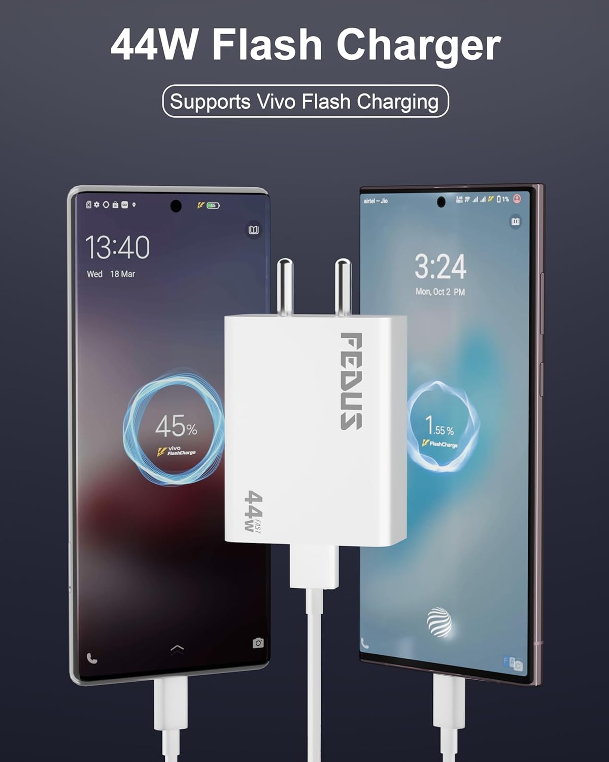 FEDUS Vivo 44W Flash USB Type C Charger for Vivo Iqoo Z6/Z6 44W/Z6 Lite 5G/T1/Neo 6/Z7/Z7 Pro/V23/V23E/V23 Pro/V25/V25E/V25/V26/Y35/Y73/V215G/T1/T2/Z6x/Y200/V|Y|X Series USBC Charge Adaptor 44 Watt 29