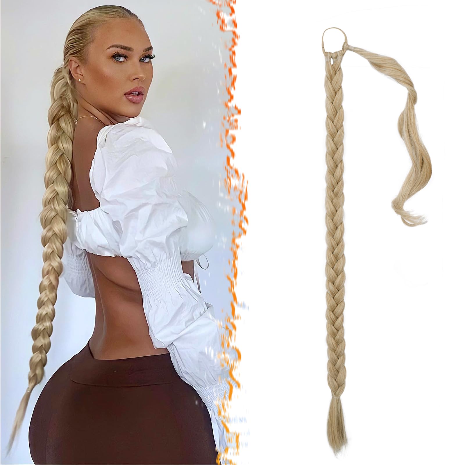 BARSDAR 30 Inch Long Braided Ponytail Extension - Straight Wrap Around Blonde Braid Ponytail Hair Extensions with Hair Tie - Synthetic Pony Tails