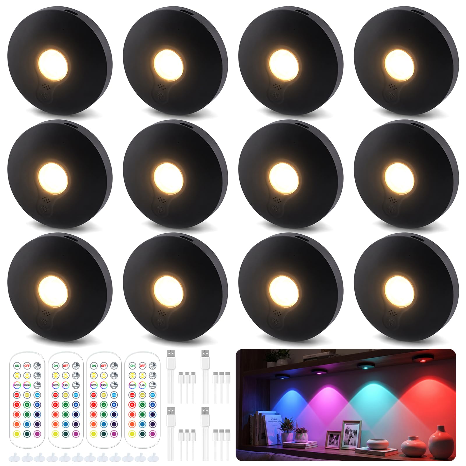 Luci magnetiche ricaricabili a disco, illuminazione RGB sotto armadio con telecomando e controllo touch, dimmerabili/3 temperature di colore/temporizzazione, luci adesive wireless per mensole