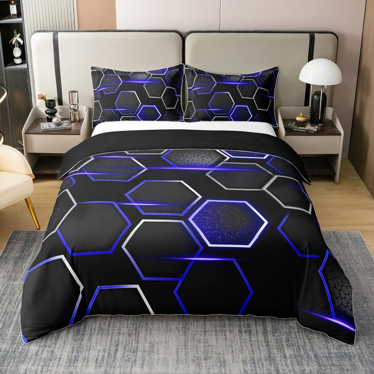 100% Natural Cotton Black Blue Honeycomb Bedspread Cover, Abstract Quilt Cover,Hexagon Decoration Bedding Set,Glowing Stripes Duvet Cover King,Ombre Gradient Comforter Cover