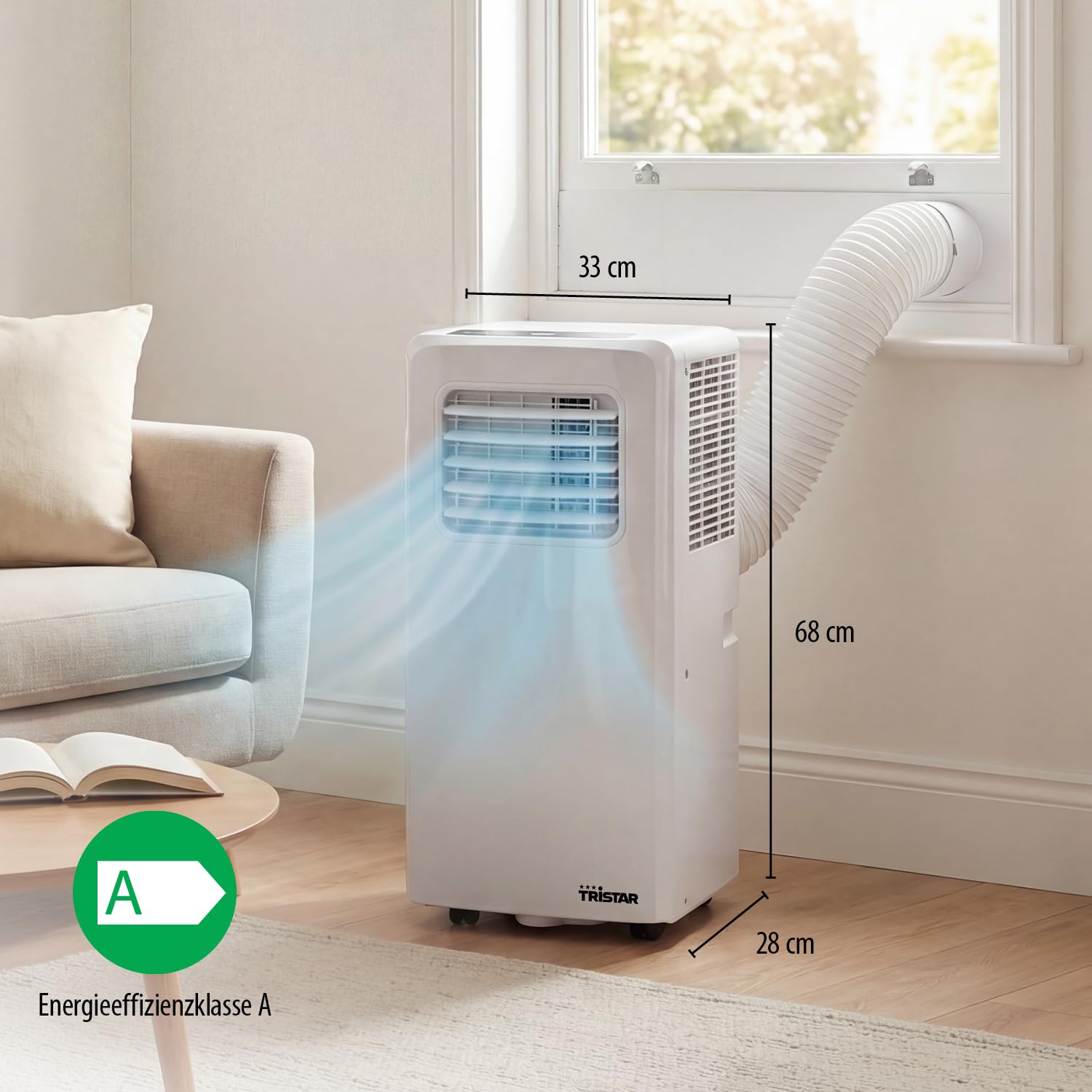 Tristar Mobiles Klimagerät - 9.000 BTU - 3-in-1 - Entfeuchtet, Kühlt, Ventiliert - Bis zu 34 m² - Fensterkit inklusive - AC-5530