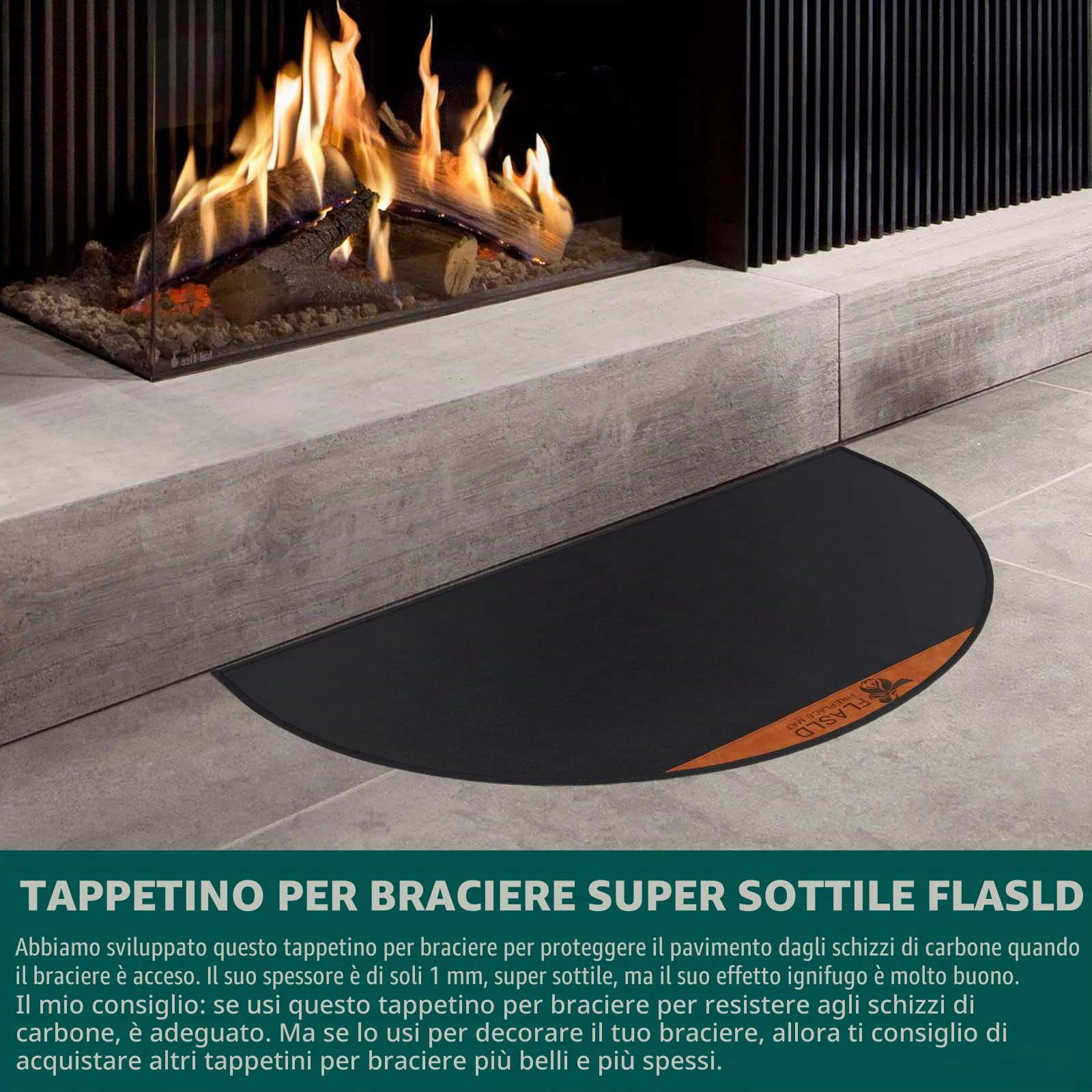 FLASLD Tappeto per caminetto a prova di fuoco 60×104cm mezzo rotondo focolare tappeto protegge i pavimenti da scintille braci, silicone rivestito in fibra di vetro tappeto
