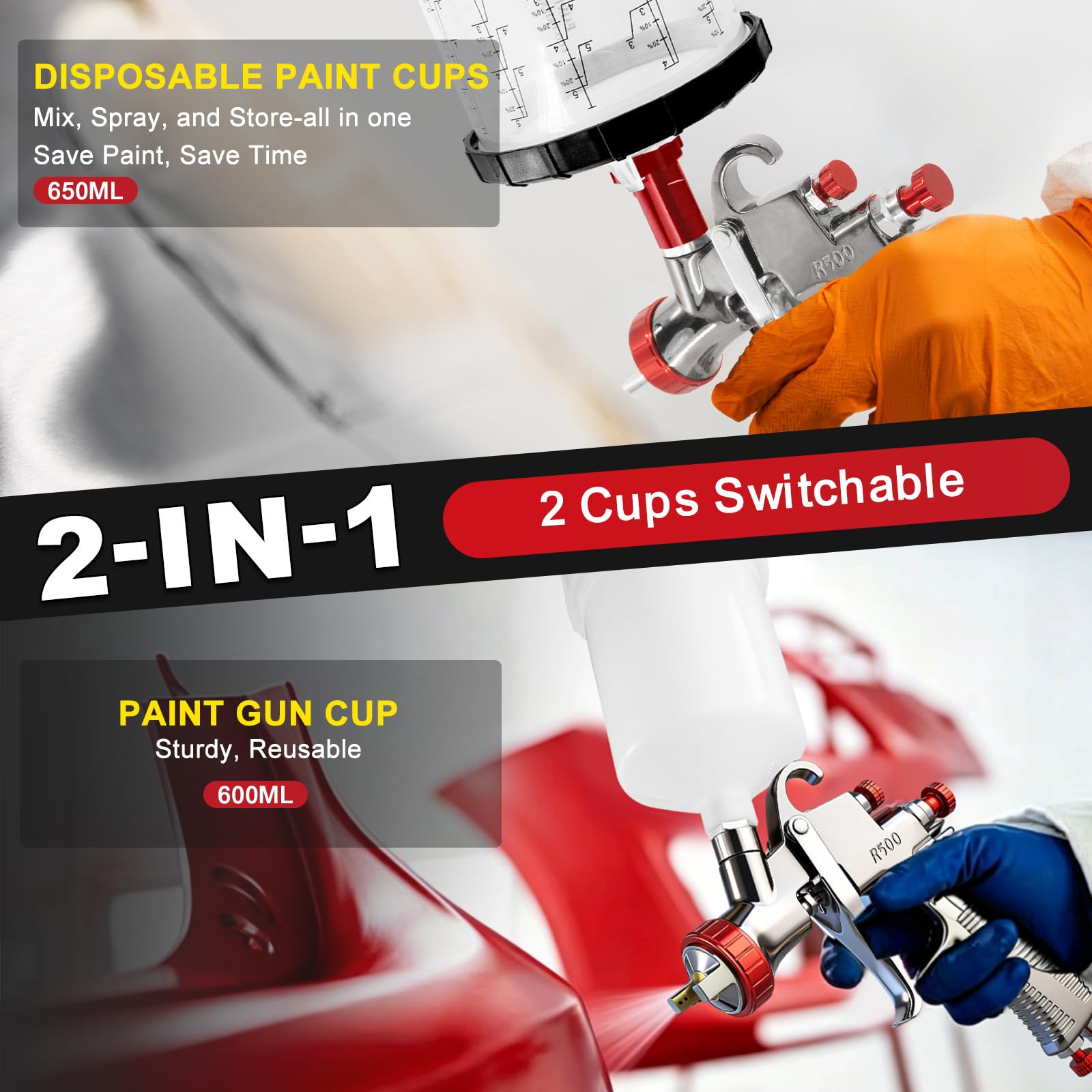 R500 LVLP Luftspritzpistole mit 650 ml Einweg-Farbbechern, 1,3/1,5/1,7/2,0 mm Düsen, R500 Lackpistolen, Automobil-LVLP-Autolackpistole, Sprühgerät für Hauslackierung, Auto, Möbel, Lack und Decklack
