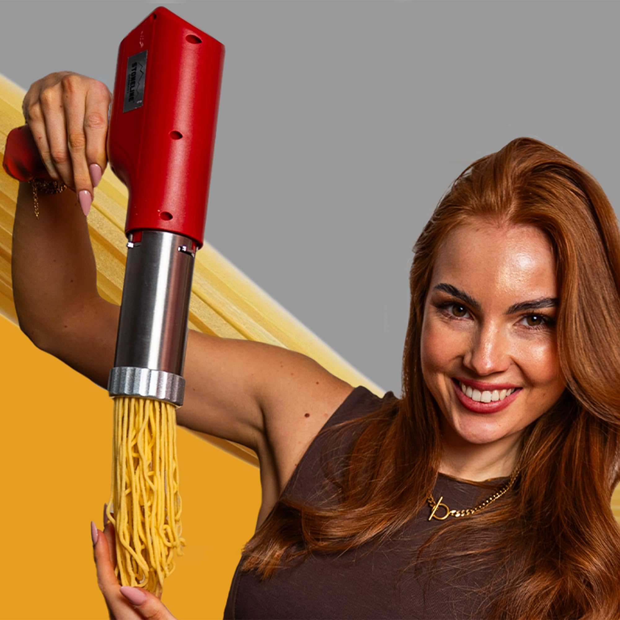 STONELINE Máquina de Pasta Eléctrica de Mano, Recargable USB 3000mAh 40 W, Máquina para hacer Pasta automática, con 8 Accesorios para Pasta Fresca Espaguetis Ñoquis Galletas Churros, Acero inoxidable,