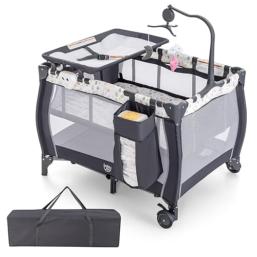 Costzon Paquete 3 en 1 con moisés, corral portátil con cambiador, caja de música, juguetes giratorios, ruedas y freno, cesta de gran capacidad,