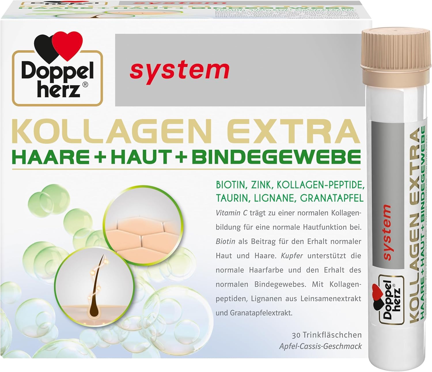 Doppelherz system KOLLAGEN EXTRA - Mit Vitamin C, Biotin + Zink | Biotin als Beitrag für den Erhalt normaler Haut & Haare - 30 Trinkfläschchen