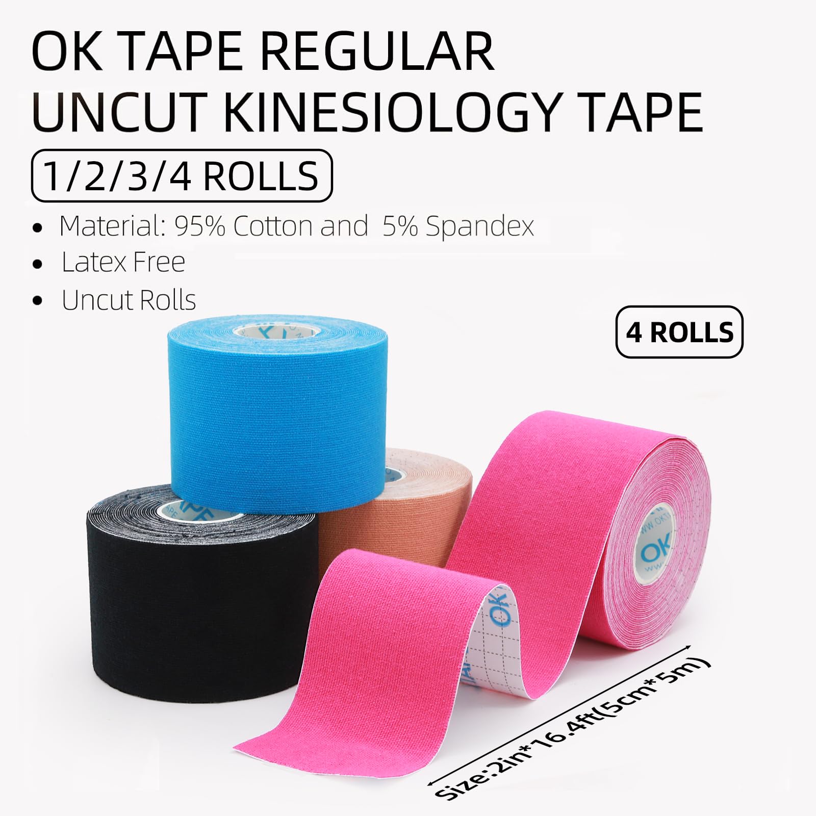 OK TAPE Kinesiologico tape 5cm x 5m, Nastro Atletico Terapeutico Elastico Resistente, Senza Latex, Antidolore, Recupero Lesioni, per il ginocchio, supporto muscolare(4 Rotoli, Multicolor)
