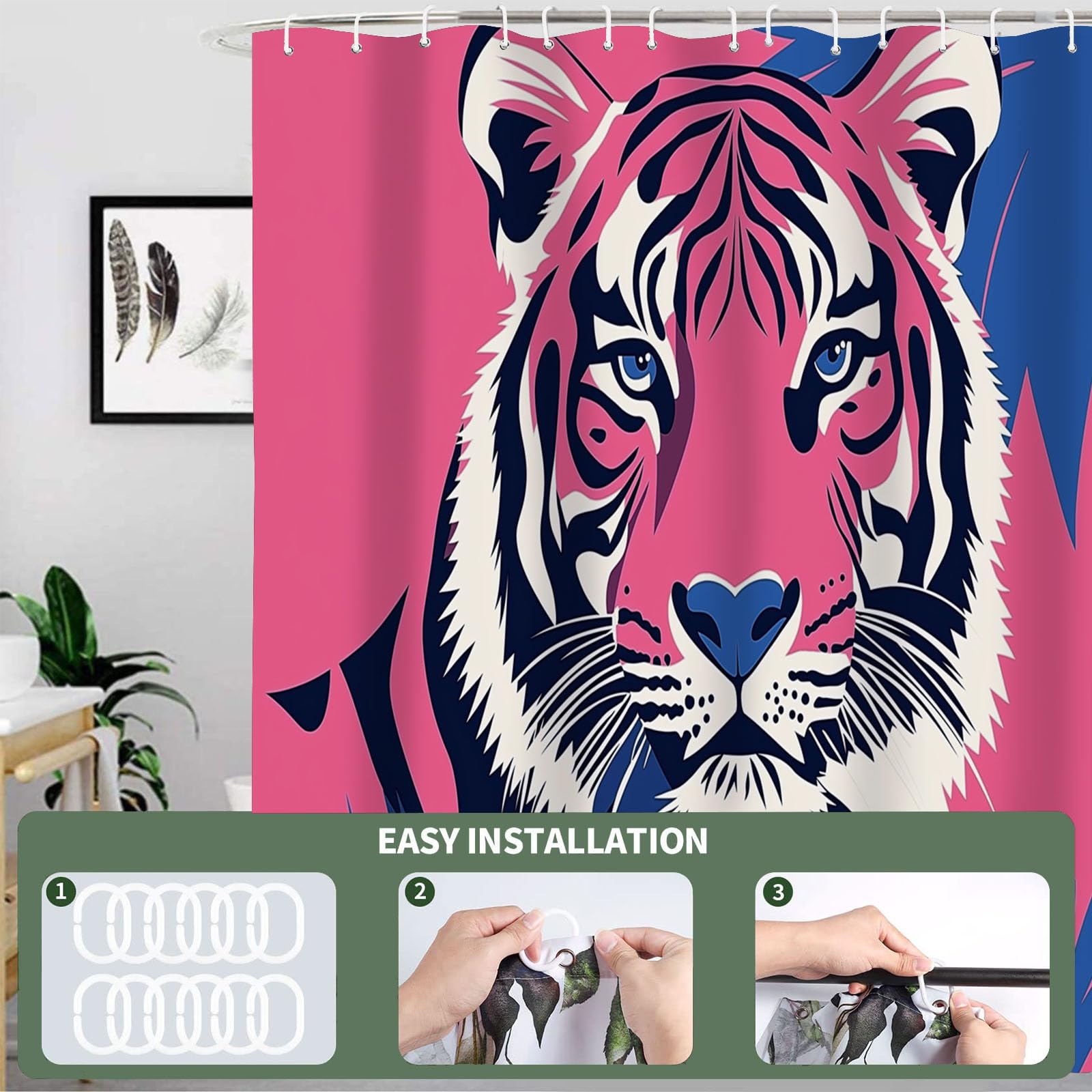 Cortinas de Baño Poliester Lavable, Animales Graffitis Cortina de Ducha, Silueta De Tigre Cortina Ducha 200x200cm, Estampado Cortina Bañera Secado Rápido con 12 x Ganchos