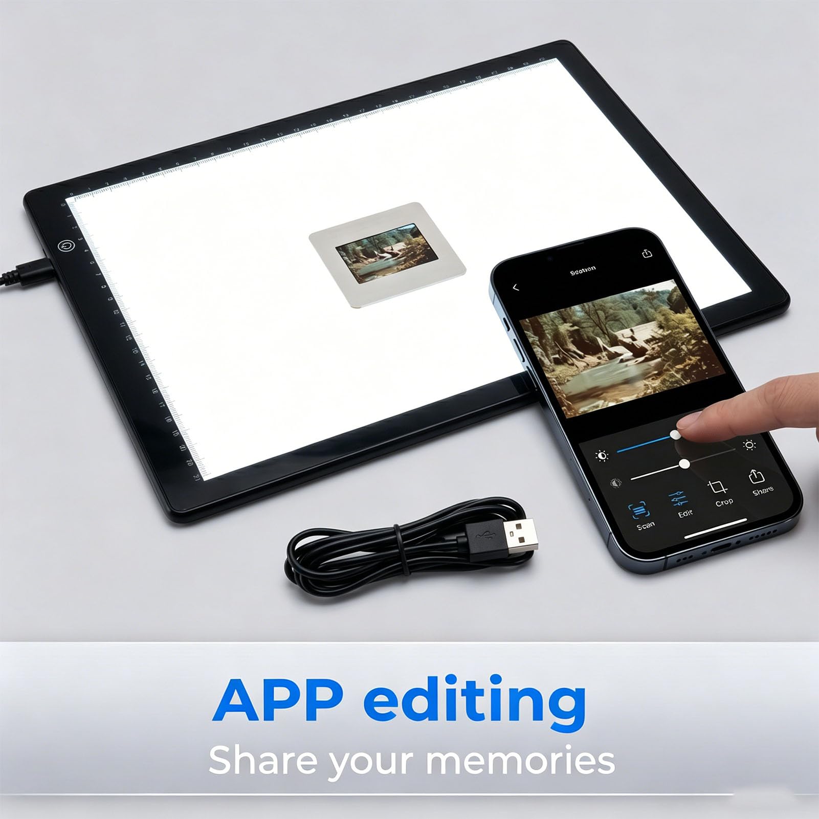 Yctze Diabetrachter, Ultraflacher LED-Lichtkasten Im -Format, Scanner mit 3 Helligkeitsstufen und APP-Bearbeitung, Ideal für Filmnegative und Dias, USB-betrieben, 13,7 X 9,8 Zoll