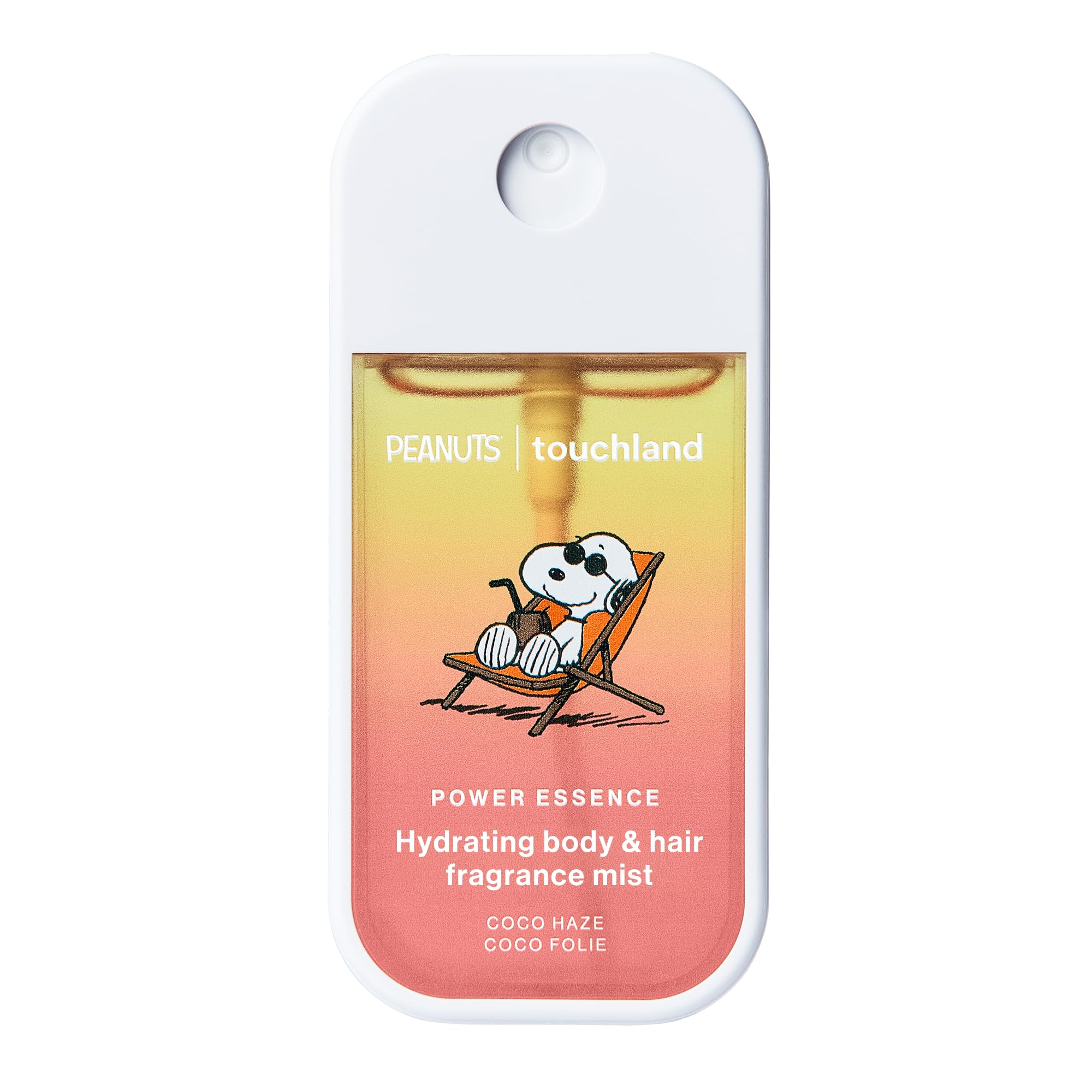 x Peanuts Body & Hair Hydrating Fragrance Mist Travel Size | TSA ready spray. Tropical scent of grapefruit, magnolia, coconut & sandalwood. Hydrates and refreshes skin and hair.
