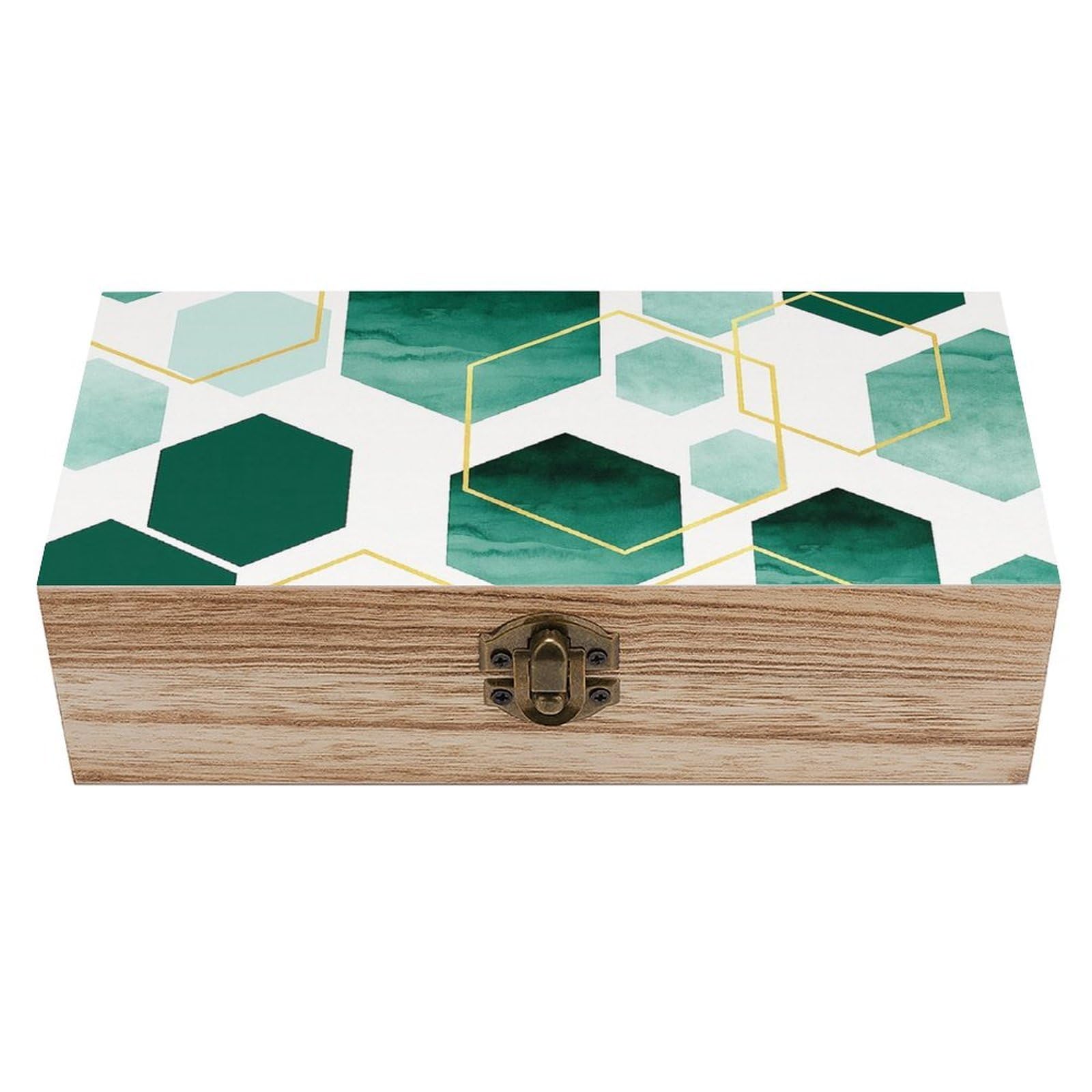 SMAZDFXX Turquoise Gold Hexagon Geometric Wooden Storage Box Multipurpose Decorative Box for Jewelry Photo Home Decor