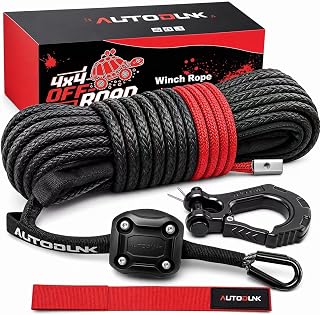 Synthetic Winch Rope - 1/4" x 50ft 10,000LBS Winch Line with Protective Sleeve, Forged Winch Hook and Rubber Stopper, Synthetic Winch Cable for 4WD ATV UTV Offroad Vehicles, Black