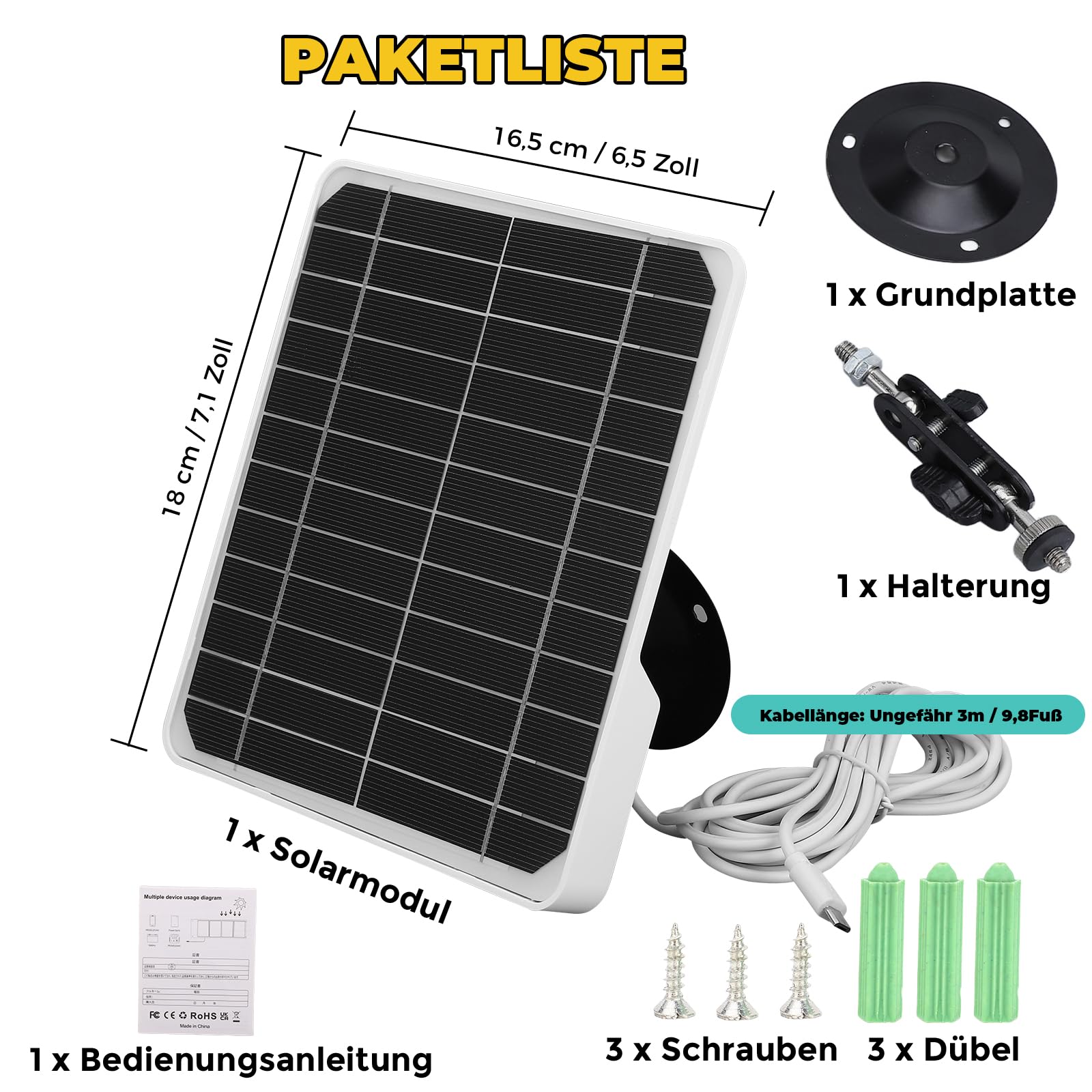 Panneaux Solaires pour Caméras, Panneau Solaire Mural 20 W 5 V Chargeur de Panneau Solaire Monocristallin Panneau Solaire USB pour Caméra avec Câble de de 9,8 Pieds