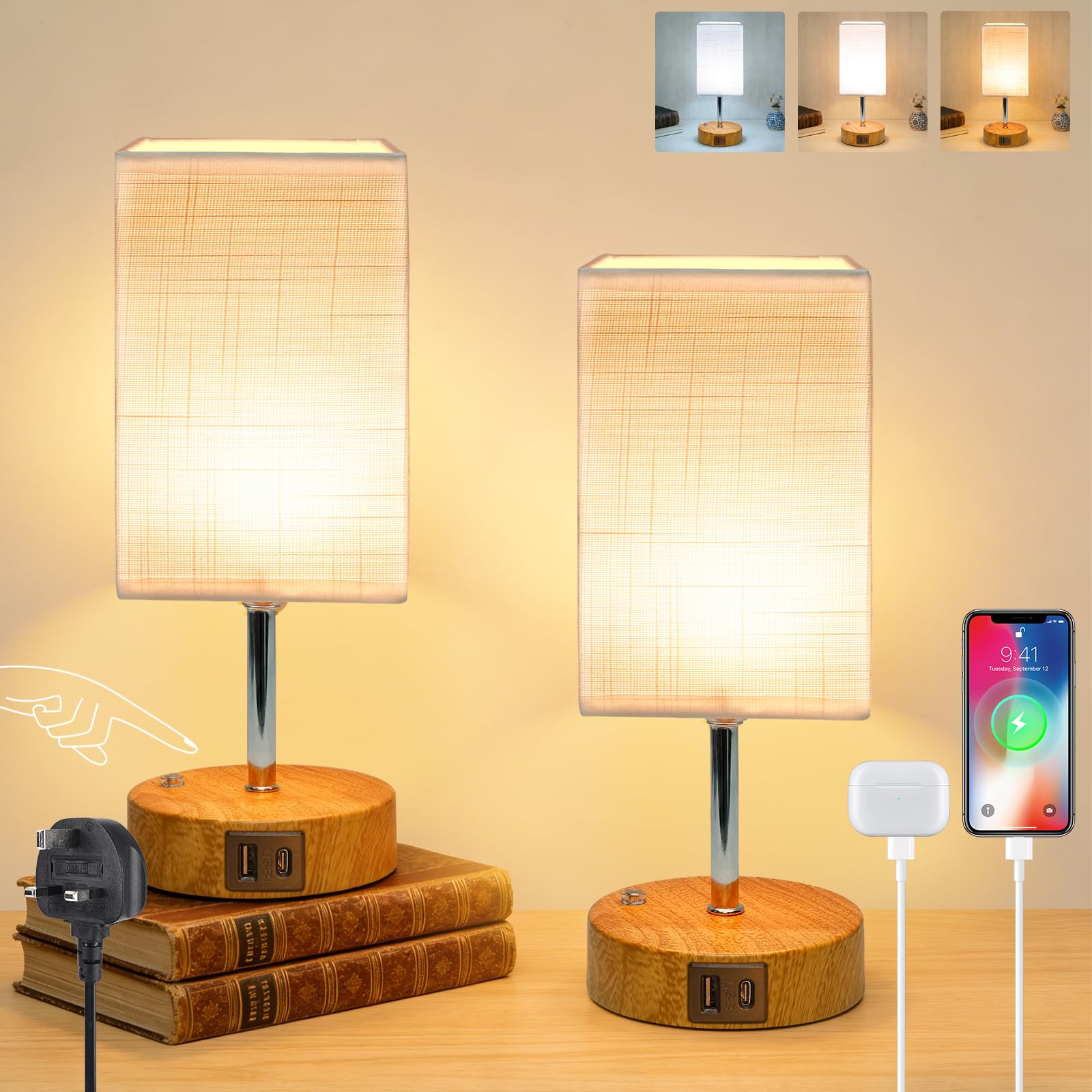 Wudyfei Touch Bedside Lamps Set of 2, Small Dimmable Table Lamps with USB-C USB-A Charging Ports, LED Minimalist Bed Side Nightstand Lamp for Bedroom, Living Room, Kids Room, Study, Dorm, Office