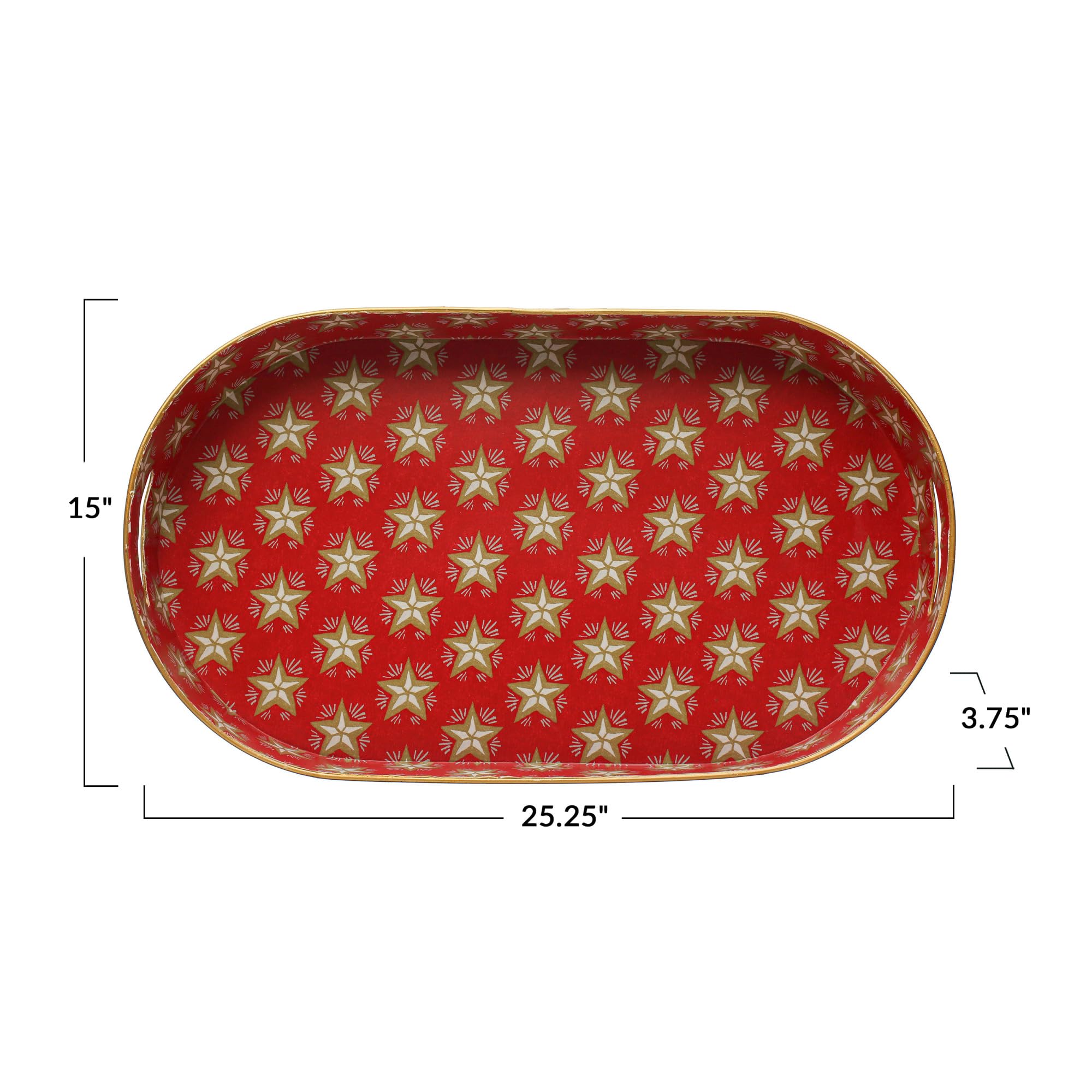 Creative CoOp Decorative Metal Tray with Handles and Star Pattern, Red, Cream and Gold Color