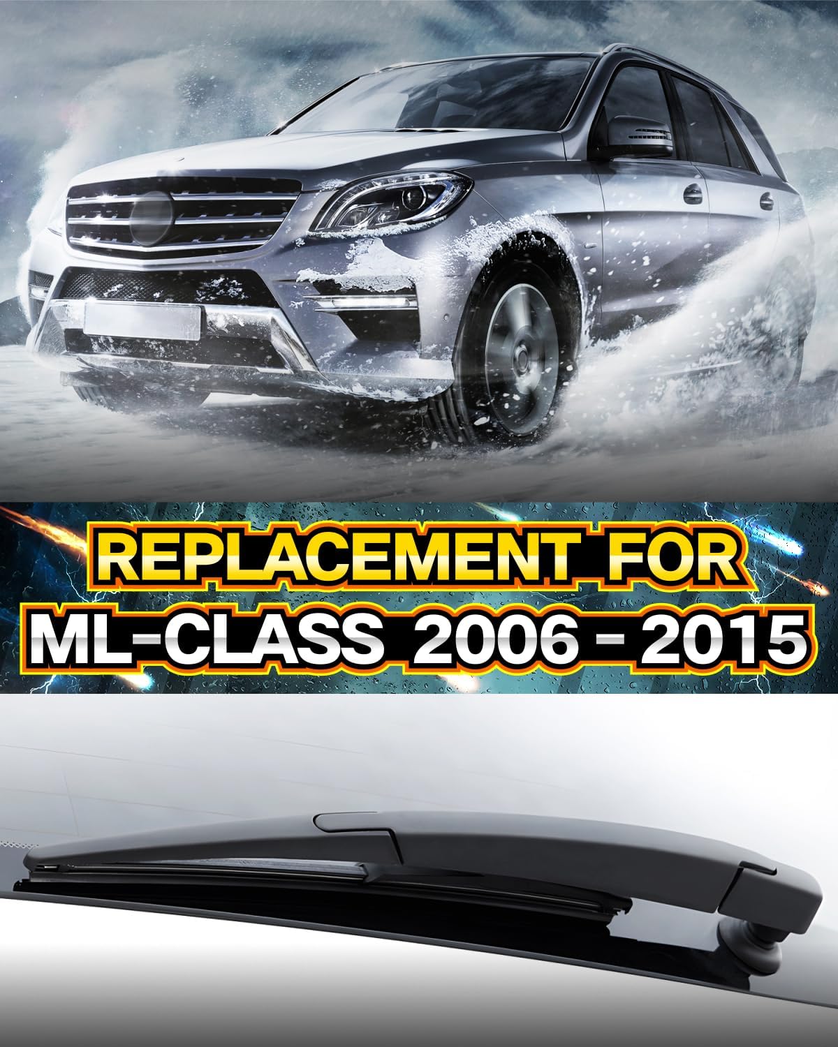 Rear Wiper Arm Blade Assembly, Replacement for Mercedes-Benz ML-Class 2006–2015 (ML350, ML320, ML450), GLE 2016–2019 (GLE350, GLE43) | Back Windshield Wiper Blade Arm, Nut, Cap Cover Accessories Set