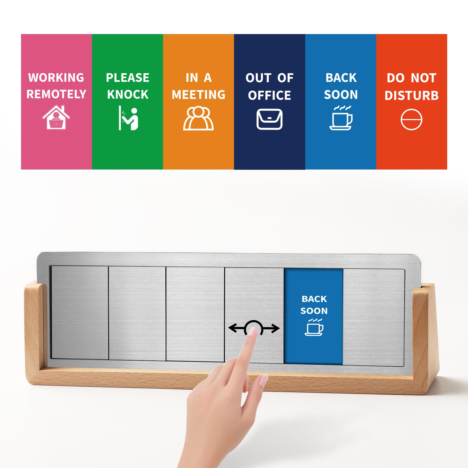 EliteSign Office Desk Sign for 6 Options Slider, with Raw Wood Base, Please Knock, Do Not Disturb, In A Meeting, Out of Office, Working Remotely, Back