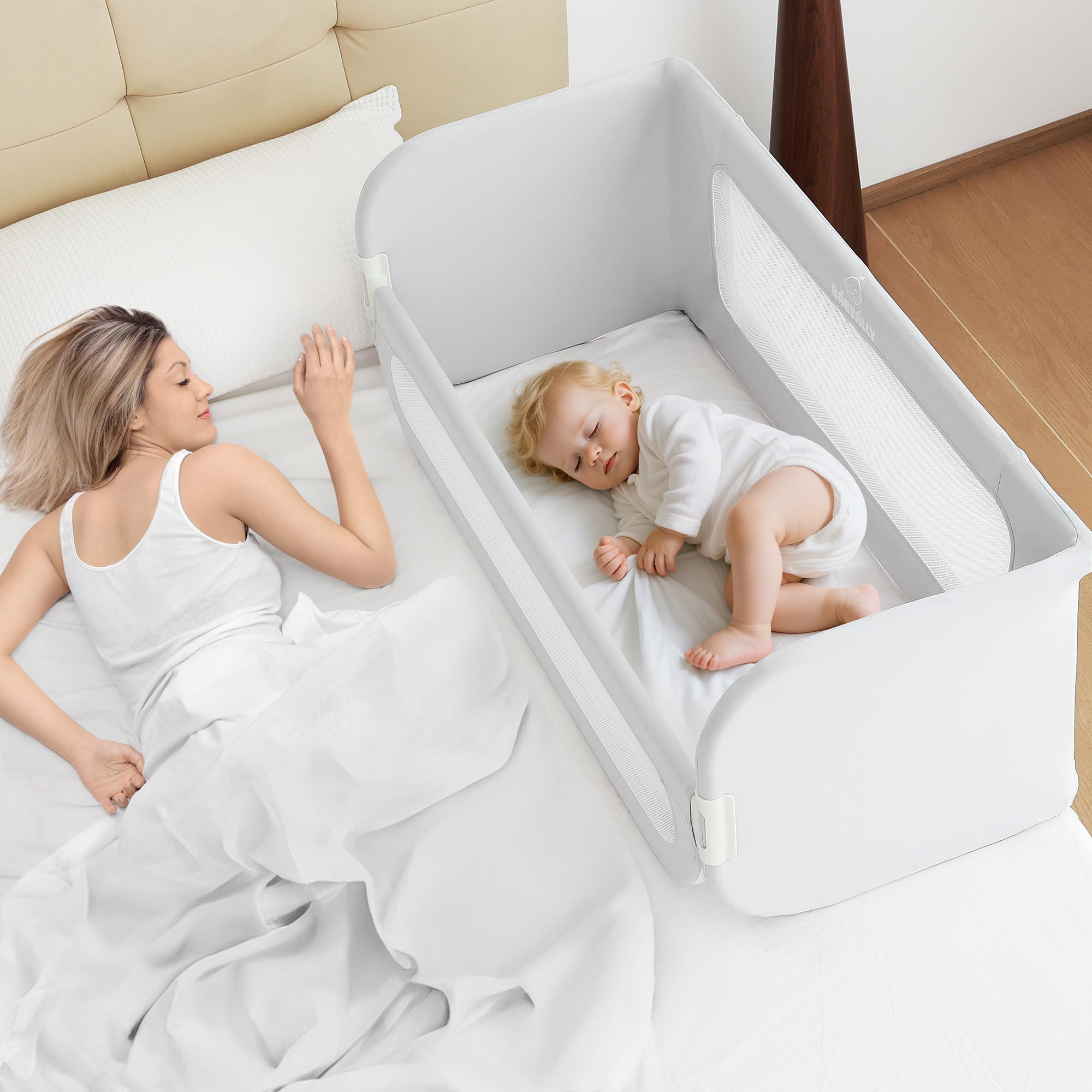 2 en 1 Barrera de Cama Abatible 185cm, Cuna Colecho con Bolsa de Transporte Viaje para Viajar o Vacaciones - Sin instalación, Fácil de Transportar - Gris