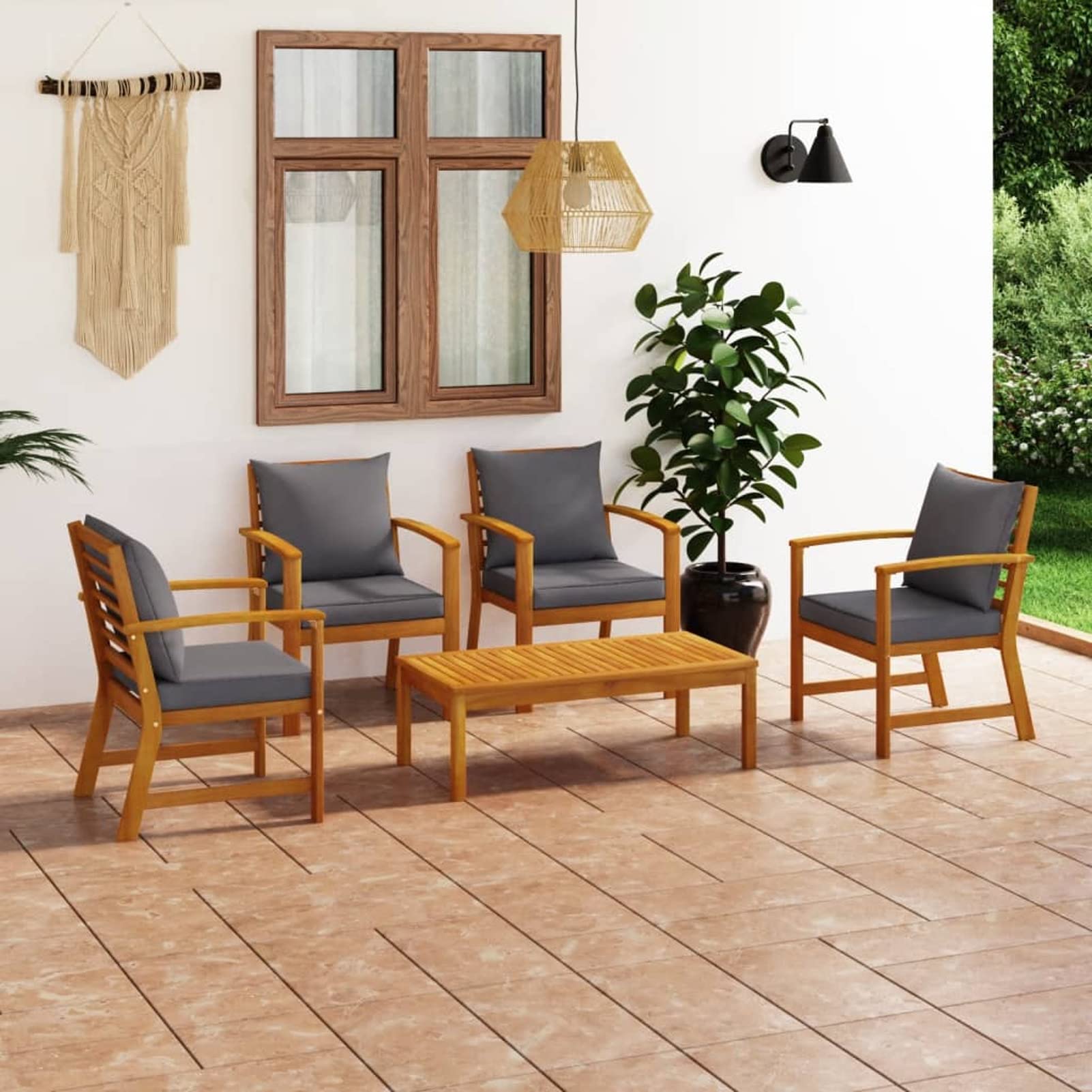 Chusui 5-częściowy zestaw mebli ogrodowych z nakładkami, lounge, meble na balkon, tarasy, meble wypoczynkowe, meble ogrodowe, meble ogrodowe, balkon, lounge, lite drewno akacjowe