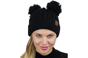 2 Ear Pom Poms Cable Knit Soft Stretch Cuff Skully Beanie Hat