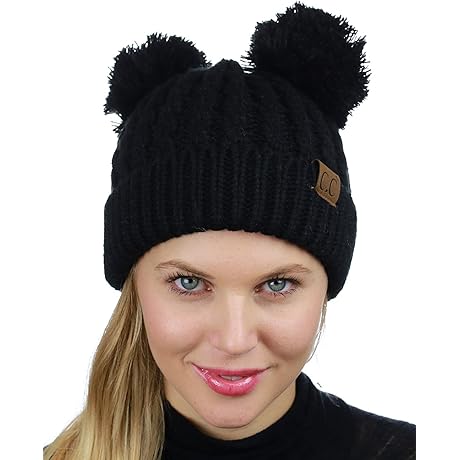 2 Ear Pom Poms Cable Knit Soft Stretch Cuff Skully Beanie Hat