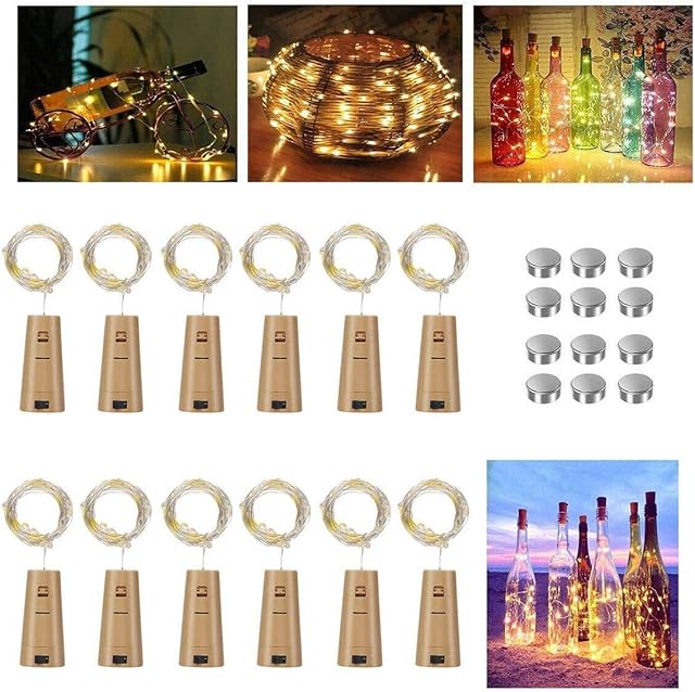 Vicloon Bottle Lights, 12 Pack String Lights Wine Lights with Cork, 2M 20 LEDs Copper Wire Battery Operated Warm White Lights DIY Decoration for Parties, Wedding, Outdoor(Battery Box Upgrade Design)