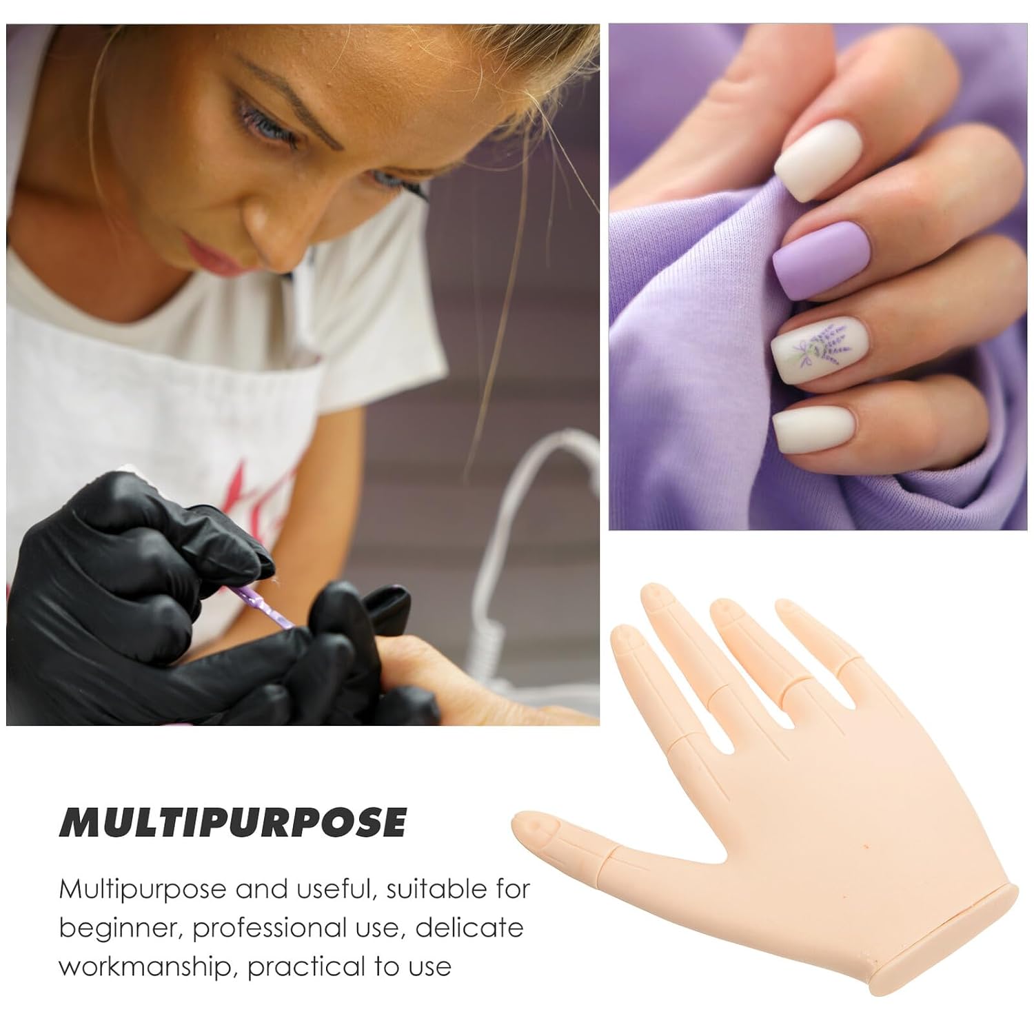 Silicone Nail Practice Hand with Flexible Detachable Joints Reusable Artificial Mannequin for Acrylic Nail Training and Manicure Practice at Home Salon