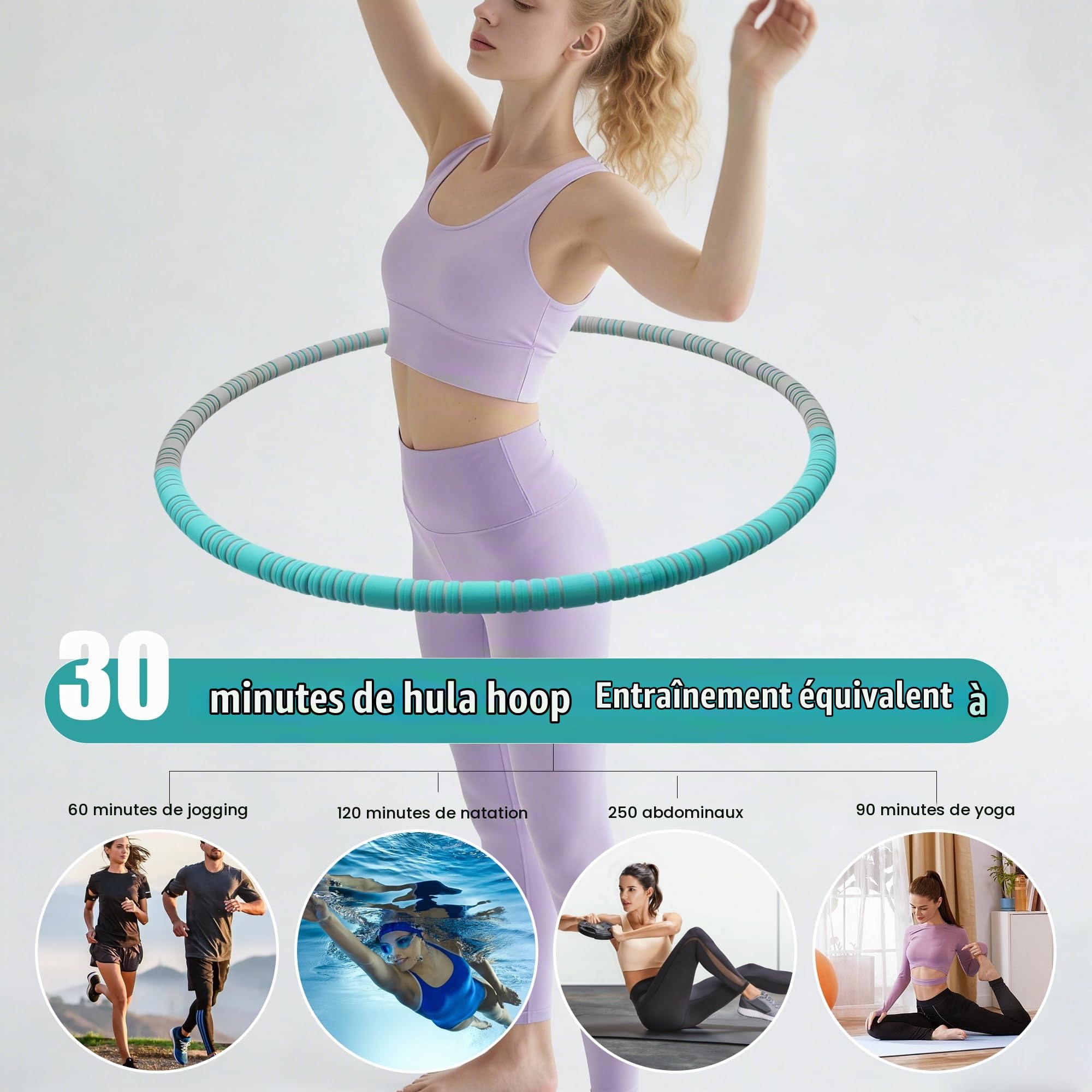Hula Hoop Cerceau pour perdre du poids pour adultes et enfants, 8 pièces amovibles, poids peut être ajusté, 1,1 kg, 94 cm de diamètre, pour débutants et confirmés, cerceau de fitness avec mousse