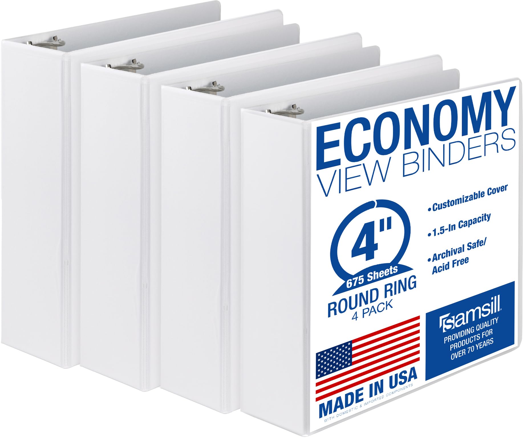 Samsill 4 Inch 3 Ring Binders, Economy Round Ring, Clear View Cover, 675 Sheet Capacity - for School, Home, Office - White, 4 Pack