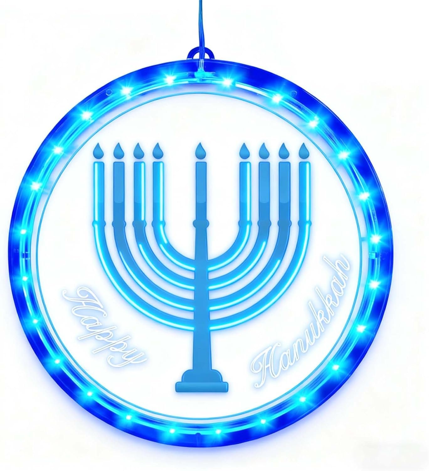 Hanukkah Menorah Window Lights 8 Inches Blue Hanging Hanukkah Lights for Jews Window Front Door Sign Jewish Gifts Chanukah Party Home Outside Ornaments Inside Decorations