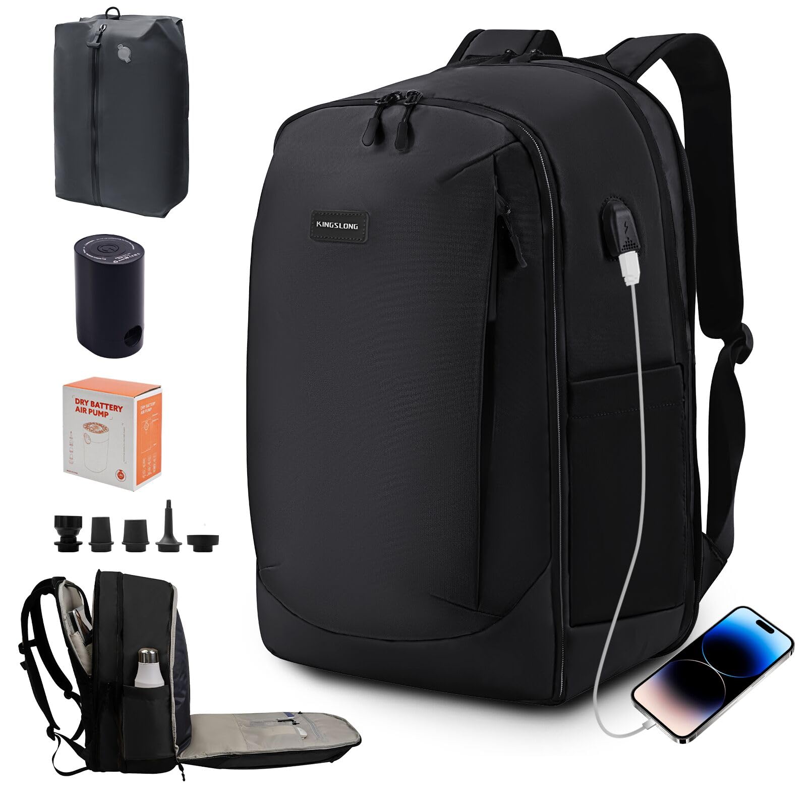 KINGSLONG Sac a Dos Sous Vides: 65L RÉSISTANT À L'EAU Sac de Voyage Vide COMPACT PROTECTION LAPTOP 17.3'' Pome Incluse IDÉAL Avion/EASYJET/RYANAIR ÉTanche Sac à Dos Business Outdoor Hiking Noir