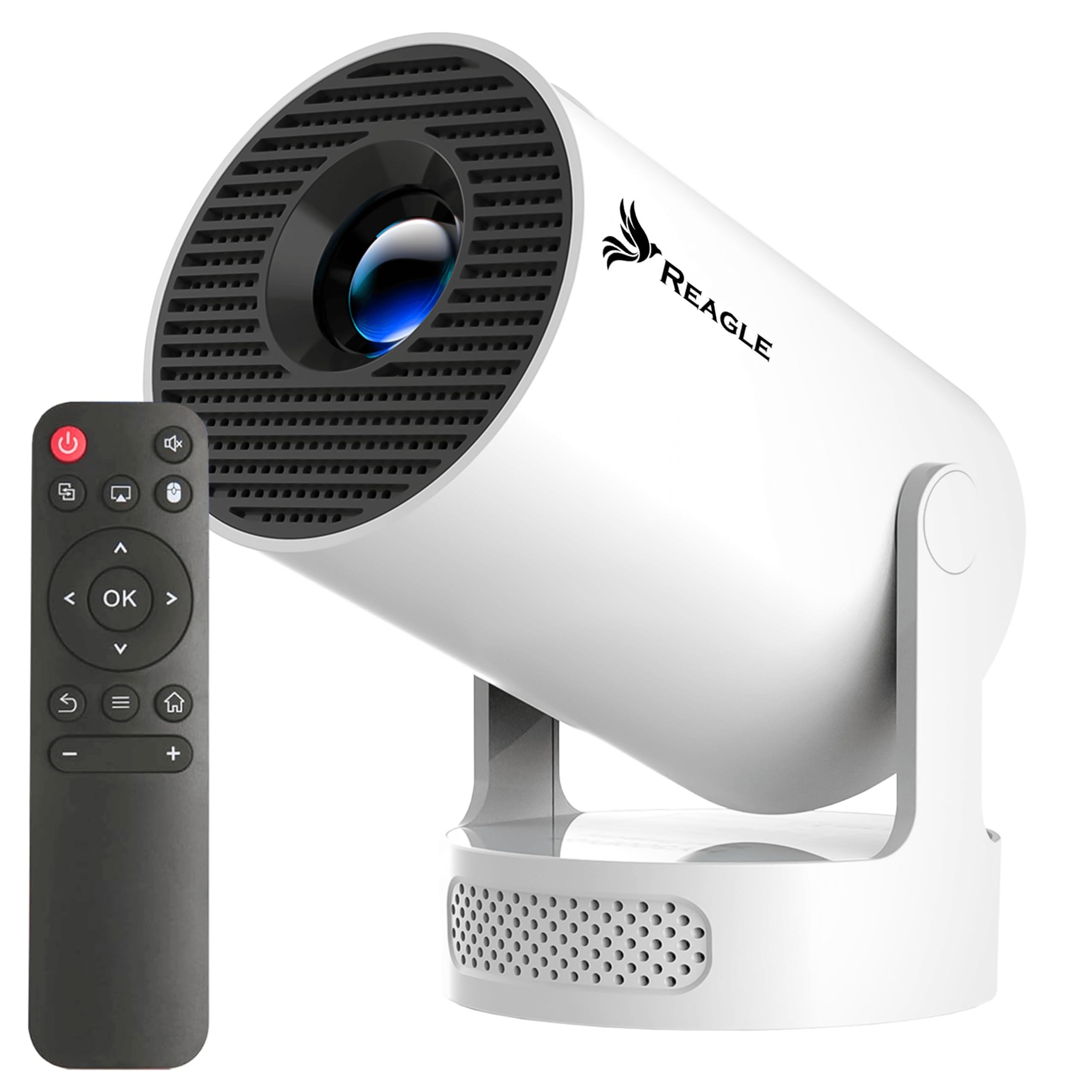 REAGLE R-Movielum-P10 Mini videoproiettore intelligente con Android 14, con supporto girevole a 180°, supporto Full HD e 4K 2GB+16GB 130", 260 ANSI, telecomando Home Theatre ± 40°
