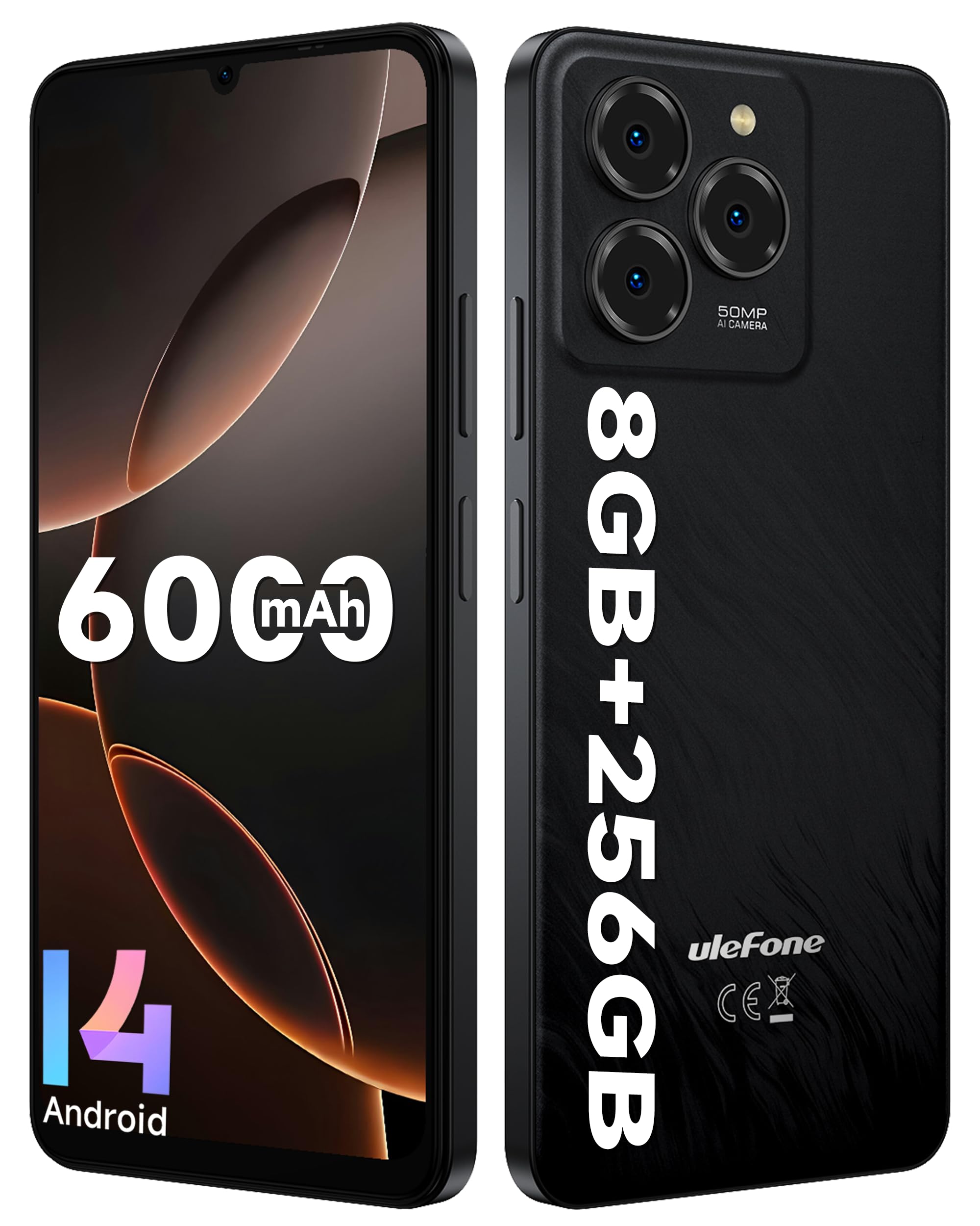Ulefone Note 20 Pro Cellulare, 8GB+256GB/SD-1TB Android 14 Cellulari, 6.75" HD+ Widevine L1, Fotocamera 50MP+8MP Smartphone 6000mAh Batteria, Octa Core Dual SIM GPS/OTG/Face ID/Fingerprint Nero