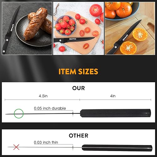 Miniatura 3 de KITWARE Juego de 6 cuchillos negros para carne, afilados y dentados con caja de regalo, cubiertos de acero inoxidable de 4.5 pulgadas para barbacoa,