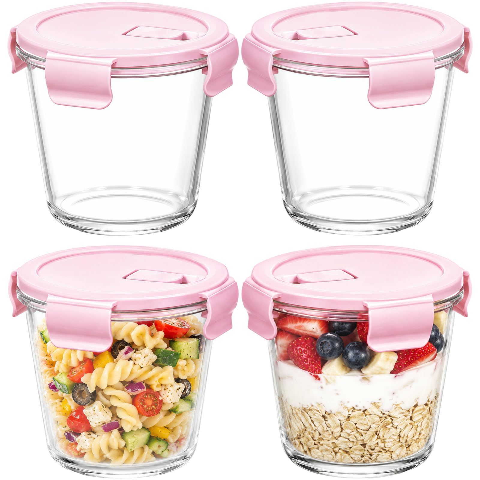 Nbouou Pink Glass Food Storage Soup Containers With Lids Set 4, Breakfast Pots Reusable, Round Soup Containers, Meal Prep For Lunch Salad Leftovers Microwave Freezer Oven Dishwasher Safe (Pink)