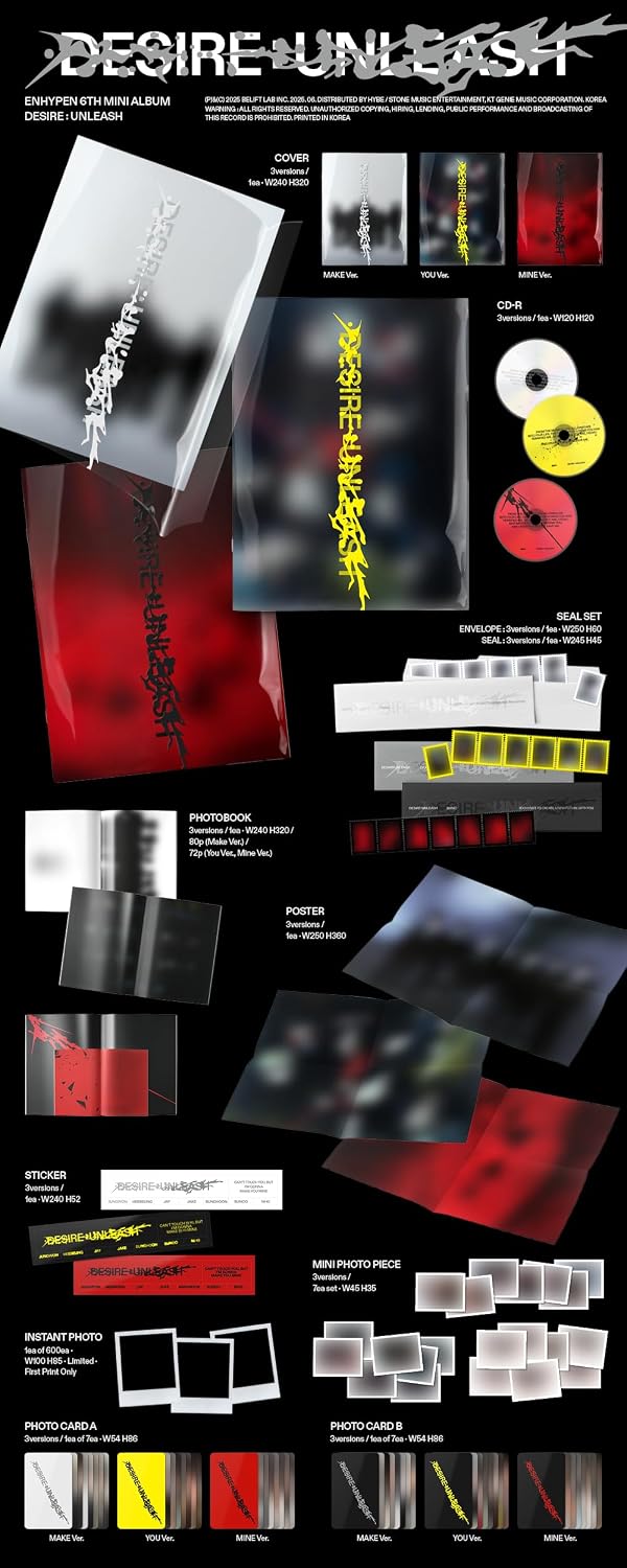 ENHYPEN DESIRE : UNLEASH 6th Mini Album Standard Random Version 1ea PhotoBook+1ea Seal+1p Folded Poster on Pack+1ea Sticker+7p Mini Photo Piece+1p PhotoCard A+1p PhotoCard B+Tracking Sealed EN-