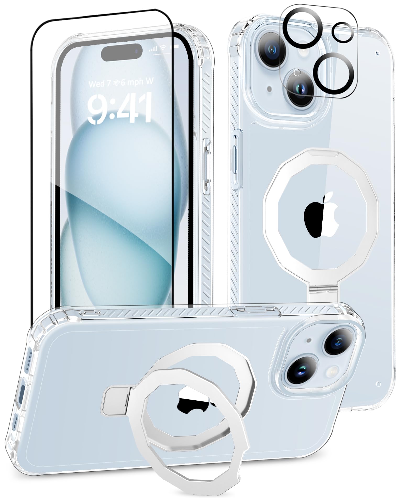 BANLEA for iPhone 15 Plus Case, with Screen Protector + Camera Lens Protector, Built-in Seamless Stand, [Compatible with MagSafe] Protective