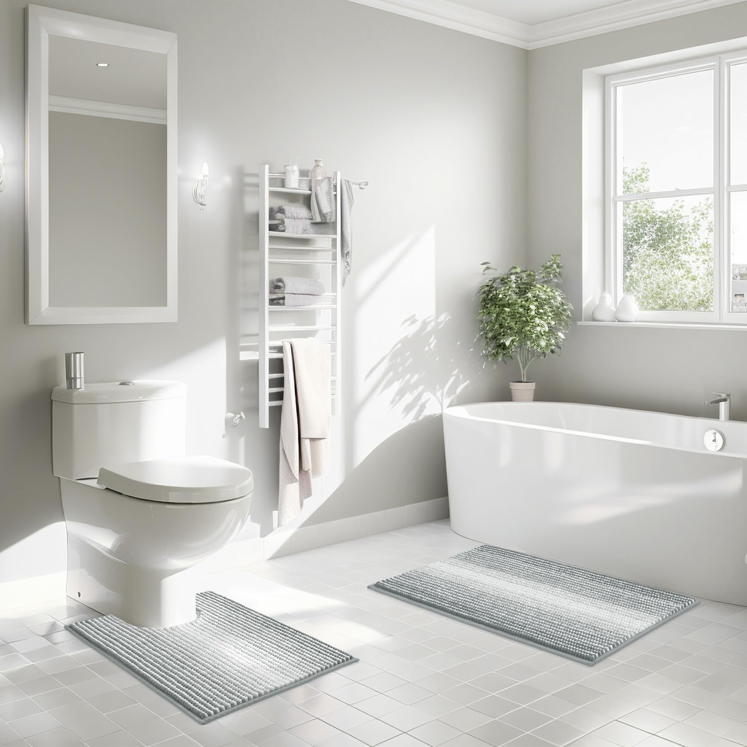 Set di 2 tappeti da bagno a forma di U, tappetini da bagno con contorno a forma di U, tappeto da bagno in ciniglia, morbida e assorbente, asciugatura rapida, lavabile (grigio chiaro, 81 x 50 cm + 61 x