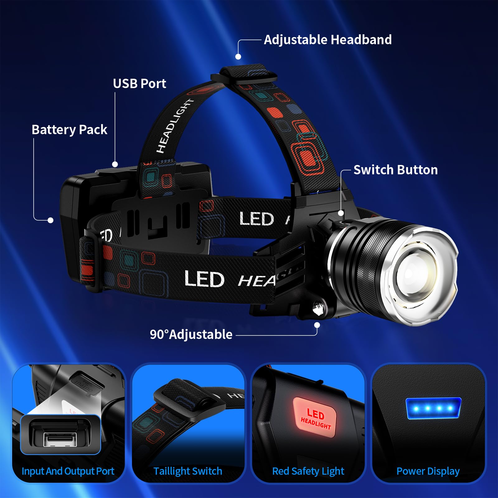 Linterna frontal recargable superbrillante, 5 modos de luz para la frente con zoom, faro de alto lúmenes para adultos, impermeable, luz frontal ajustable de 90° y 9000 mAh de largo tiempo de