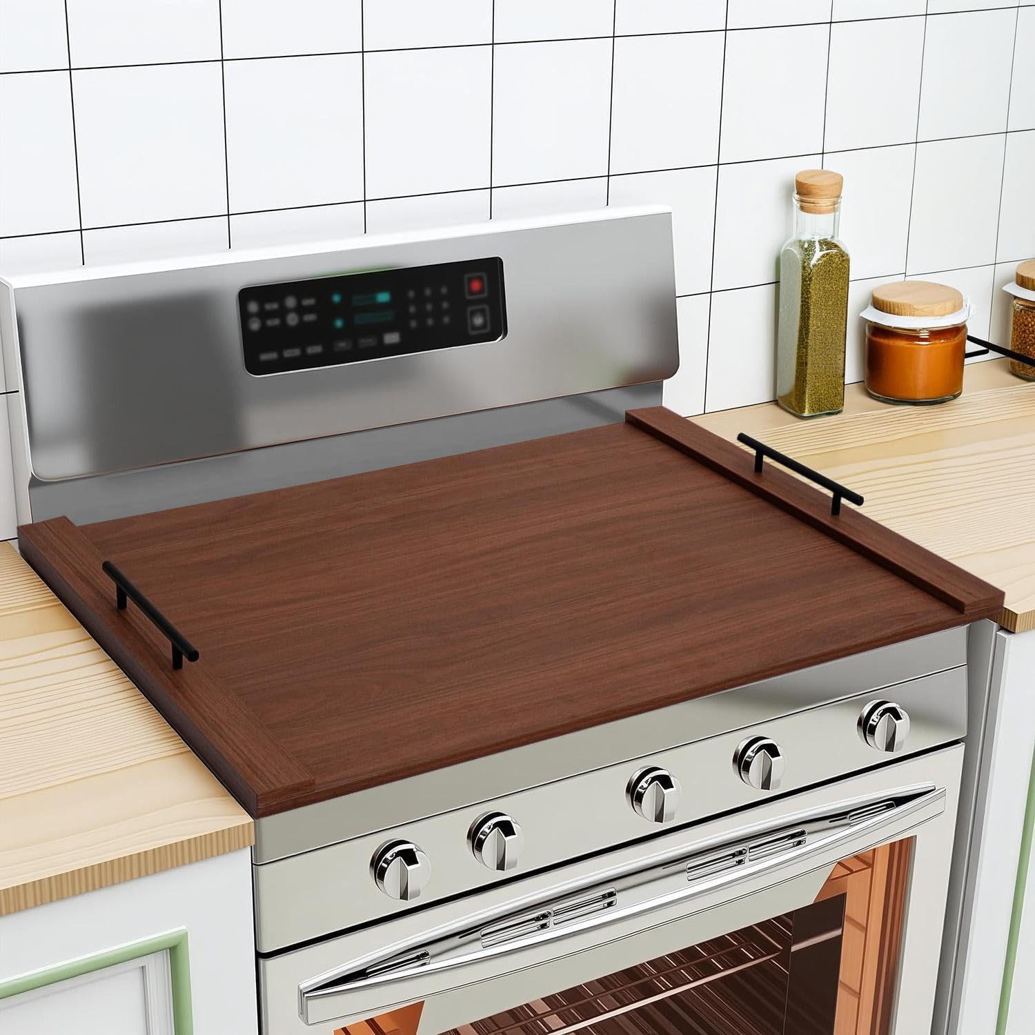 Gas Stove Top Covers/Noodle Board Stove Cover for Electric & Gas Stoves, Stovetop Cover with Handles (Walnut)