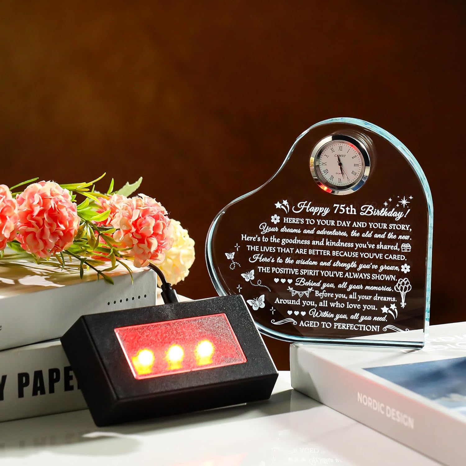 Movdyka Happy 75th Birthday Gifts for Women & Men - Personalized Cool 75 Year Old Female Glass Clock Decor with Night Light, Unique Gift for Mom, Dad, Grandparents, Friends - Image 4