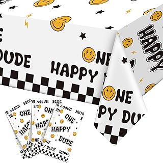 One Happy Dude Birthday Party Tablecloths 51 x 108 inch One Happy Dude Table Cover Yellow Smile Face Plastic Table Cloths One Happy Dude Party Decor 1st Birthday Baby Shower Supplies (3 Pcs)