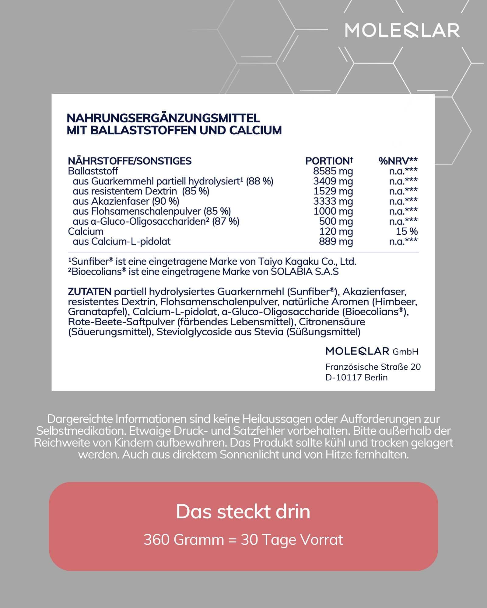 MoleQlar Enhanced Fiber Ballaststoffe - Ballaststoff-Komplex mit 5 Faserquellen, 8,8 g Ballaststoffe pro Portion, mit Calcium - 30 Portionen (Himbeer-Granatapfel)