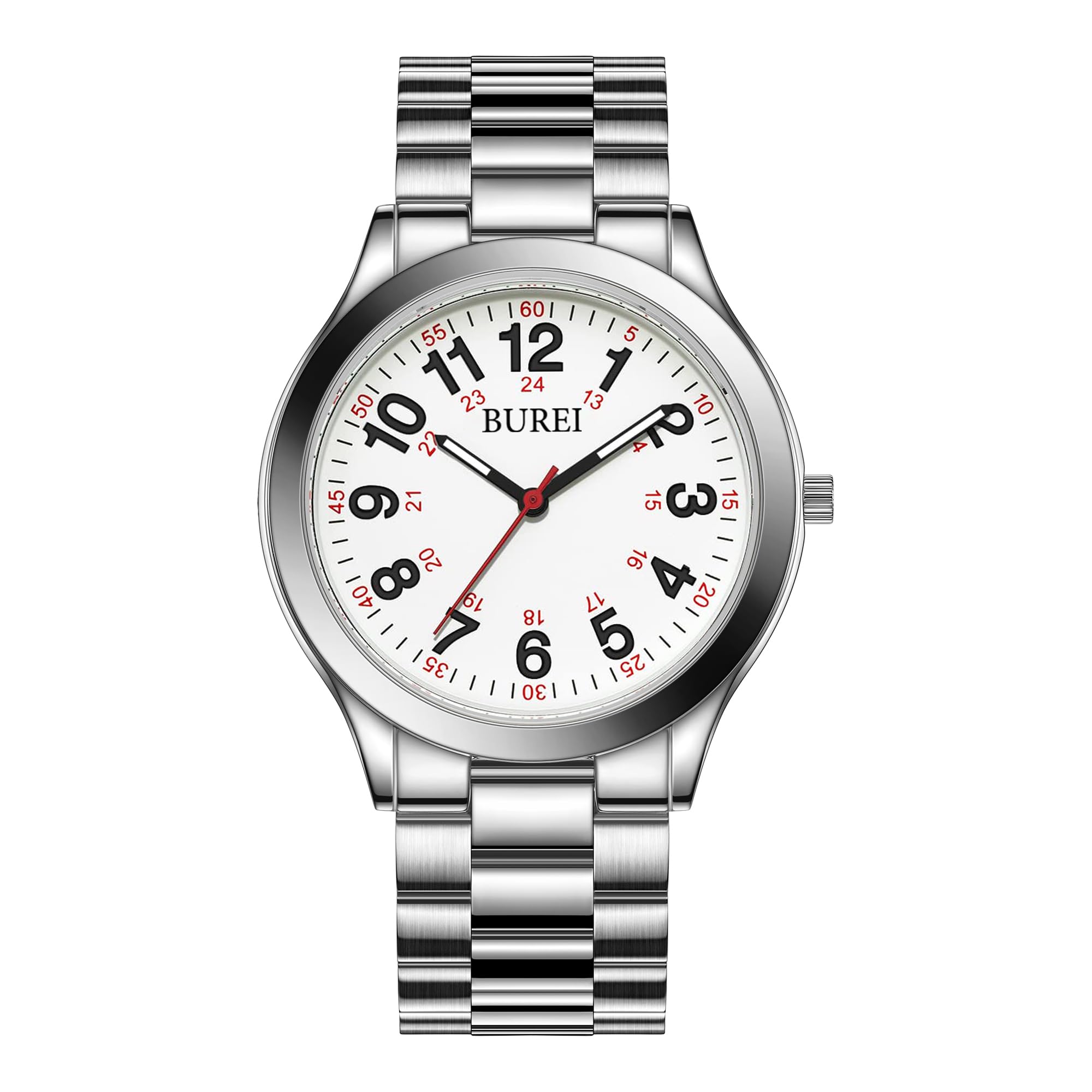 BUREI Men's Wrist Watch Military Time Easy Read Dial, 24 Hour with Second Hand, Stainless Steel Band.