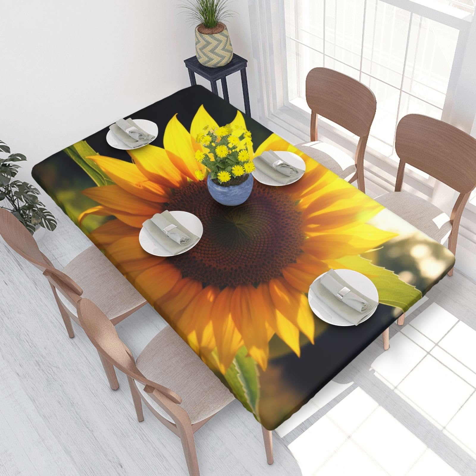 DCARSETCV Sunflower Sunshine Printed 4FT Waterproof Tablecloth with Elastic Edged Protect & Decor Your Table, Oil-proof Washable Table Cloth Cover for Dinner Picnic Party