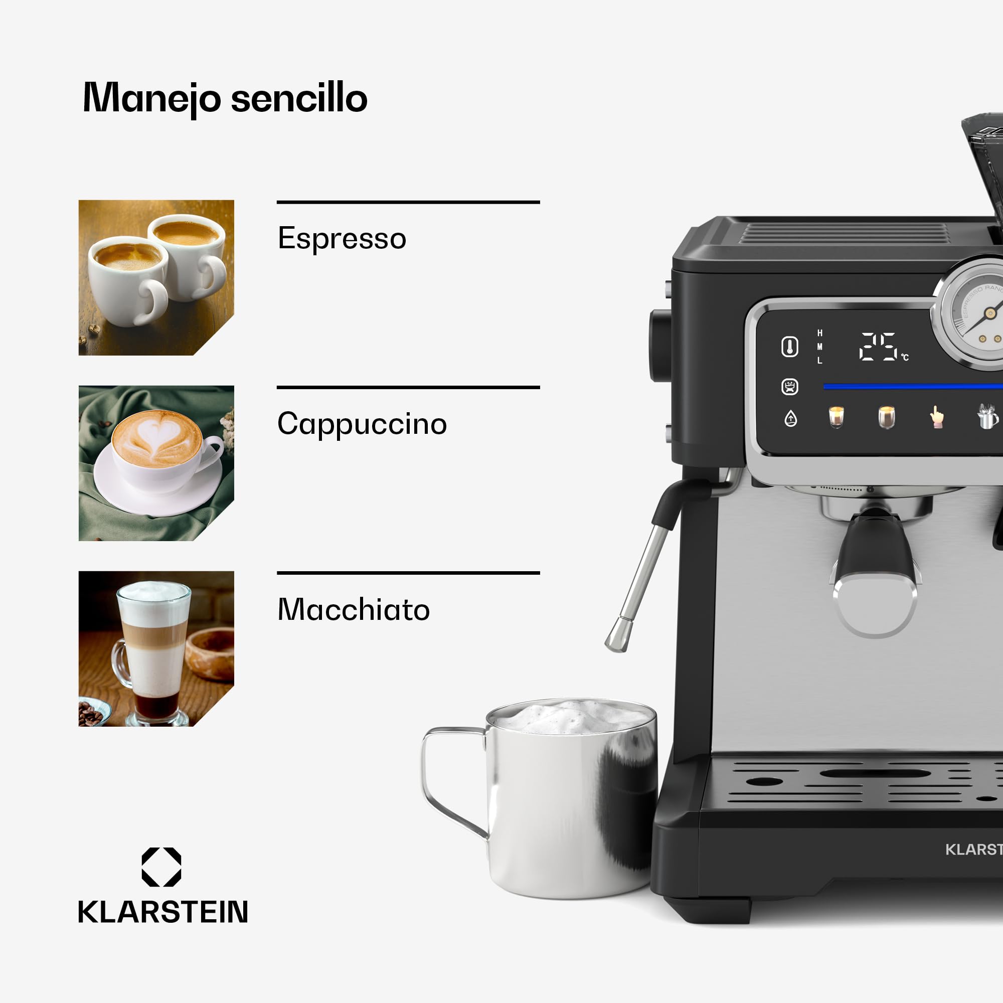 Klarstein GrandPresso Touch Cafetera Exprés 20 Bares - Pantalla Táctil, Molinillo Integrado, 2,3L, Boquilla de Vapor, Acero Inoxidable, Negra, Cafetera Espresso
