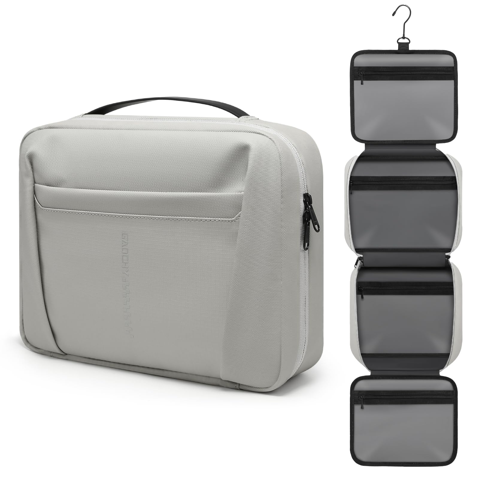 Trousse de Toilette Suspendue Hommes Femmes Sacs Voyage Trousse à Maquillage Imperméable Pliable Grande Capacité Organisateur Sac Articles de Toilette Format avec 5 Compartiments, Soie Gris-M
