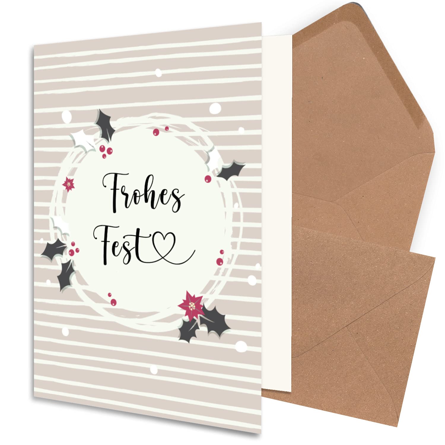 NEUSER PAPIER Juego de 200 tarjetas navideñas sostenibles DIN A6 en rosa viejo con acebo y texto - Tarjetas plegables con sobres DIN C6 en papel kraft rosa - Felicitaciones navideñas