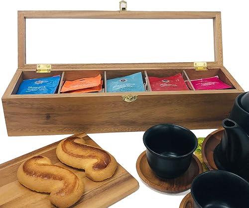 Miniatura 2 de Woodard & Charles Caja de té con compartimento de madera de acacia con ventana, almacenamiento y organizador (caja de té de 5 compartimentos)